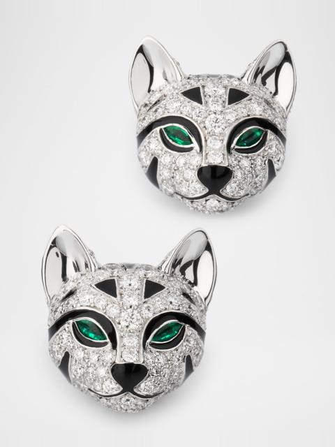 Boucheron 18K White Gold Fuzzy, the Leopard Stud Earrings with Diamonds and Emeralds