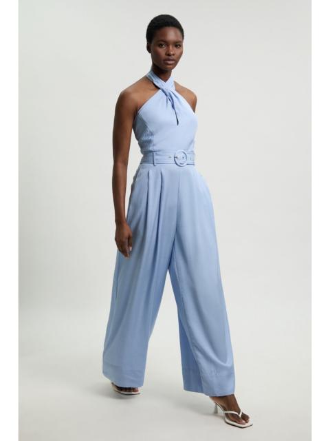 KAREN MILLEN Premium Viscose Linen Cross Front Halter Belted Woven Wide Leg Jumpsuit