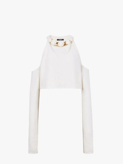 Balmain Cropped white knit sweater