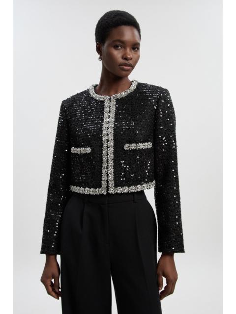 KAREN MILLEN Sequin Tweed Embellished Cropped Tailored Jacket