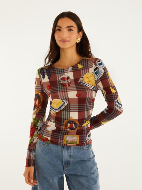FARM RIO Brown Country Table Tartan Long Sleeve Jersey Blouse