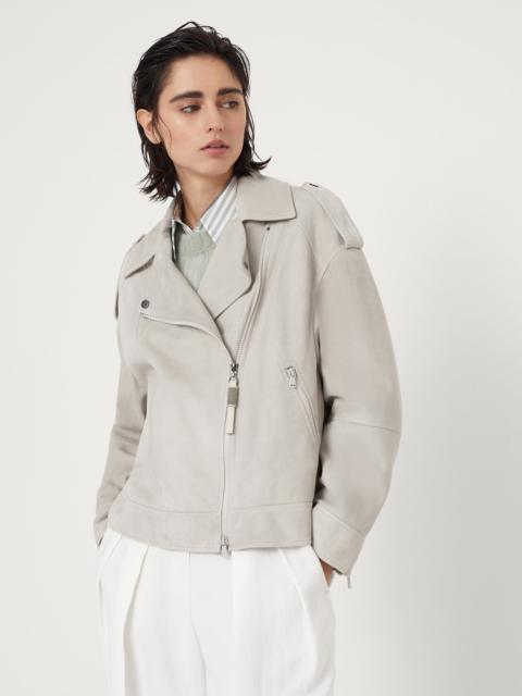 Brunello Cucinelli Couture suede biker jacket with precious zipper pull