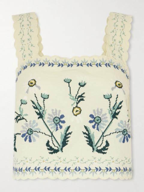 Sea Audra Scalloped Embroidered Cotton And Linen-blend Top