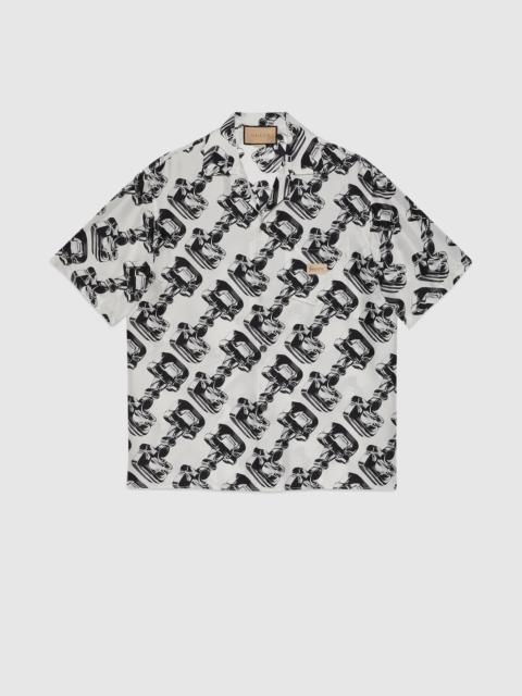 GUCCI 3D glass Horsebit print silk shirt