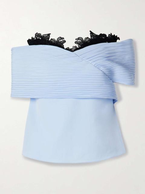 KIKA VARGAS Penelope off-the-shoulder guipure lace-trimmed plissé-crepe de chine top Blue