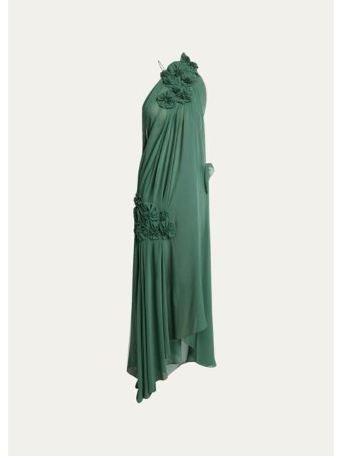 Victoria Beckham Pleated Silk Georgette Floral Applique Asymmetric Gown