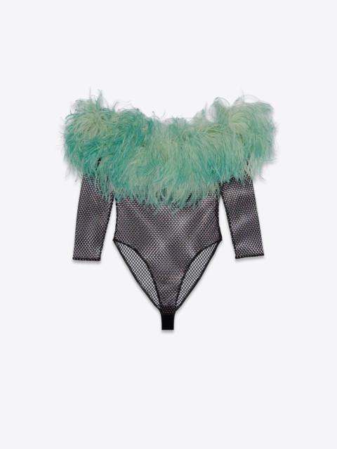 SAINT LAURENT bodysuit in mesh and feathers