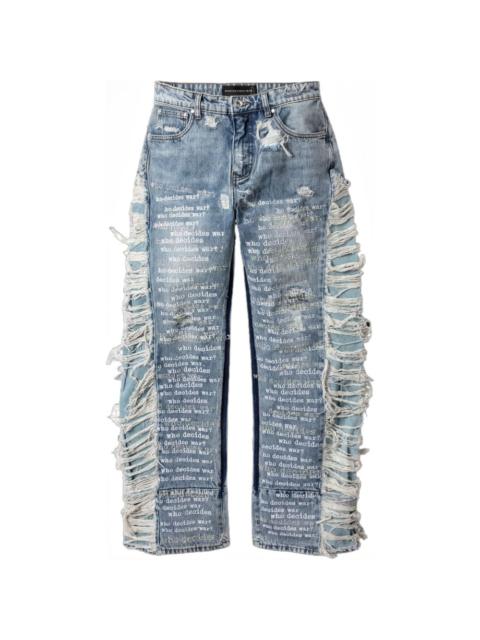 WHO DECIDES WAR Scripture distressed jeans