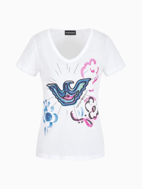 EMPORIO ARMANI V-neck T-shirt in soft modal-blend jersey with eagle embroidery and print