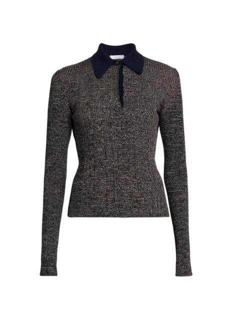 FERRAGAMO Women's Wool-Blend Rib-Knit Long-Sleeve Polo Top - New Navy Corda
