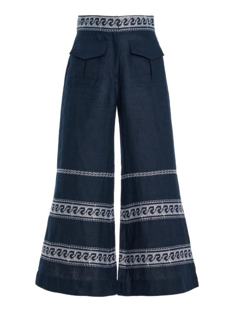 SILVIA TCHERASSI Zina Embroidered Linen-Blend Pants navy