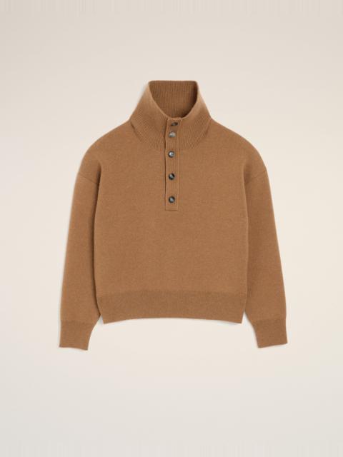 AMI Paris BROWN HIGH BUTTONED COLLAR WOOL SWEATER