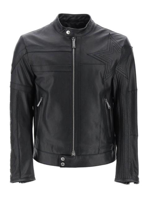 LEATHER BIKER JACKET WITH CONTRASTING LETTERING
