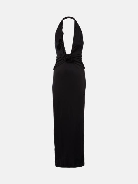 ADRIANA DEGREAS Floral-appliqué halterneck maxi dress