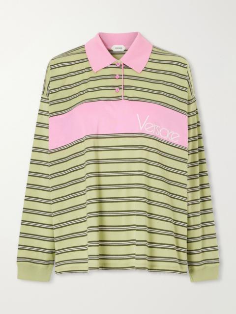 VERSACE Logo-embroidered striped cotton-jersey polo shirt Brown