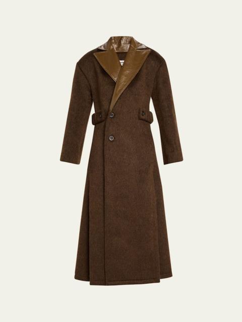 zomer Shiny-Leather Lapels Double-Breasted Faux-Fur Trench Coat
