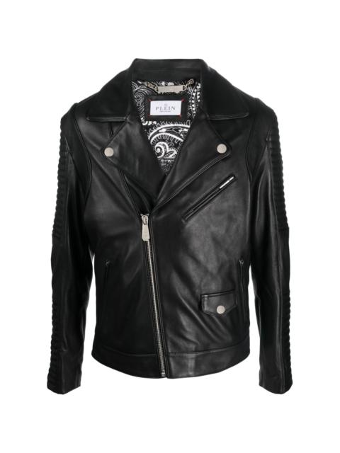 embossed-logo padded leather biker jacket