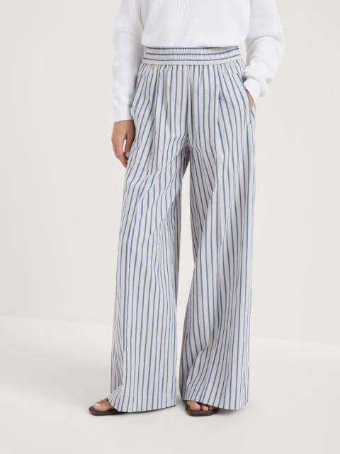 Striped cotton and linen wrinkled poplin loose track trousers