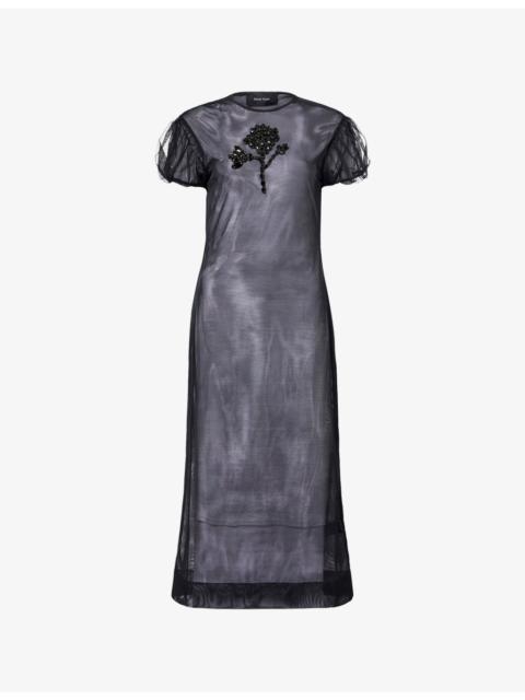 Simone Rocha Puff-Sleeve Jewel-Embellished Sheer Midi Dress