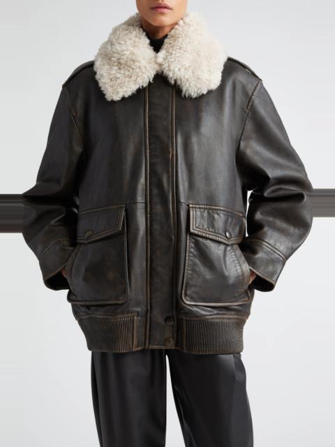 STAND STUDIO Danata Genuine Shearling Collar Lambskin Leather Jacket