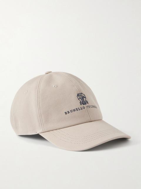 Brunello Cucinelli Logo-Embroidered Leather-Trimmed Cotton-Twill Baseball Cap Beige