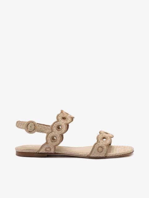 Larroudé Florence Broderie Flat Sandal In Natural Raffia and Hazelnut Trimming