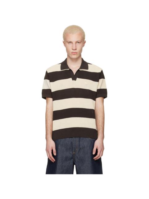 LACOSTE Brown & Off-White Striped Sweater Polo