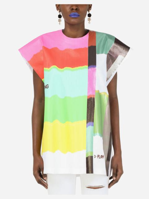 Jersey T-shirt with multi-colored glitch print