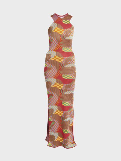 Abstract Knit Sleeveless Slits-Hem Maxi Dress