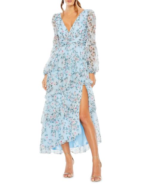 MAC DUGGAL Women's Floral Chiffon Tiered Midi-Dress - Aqua Multi