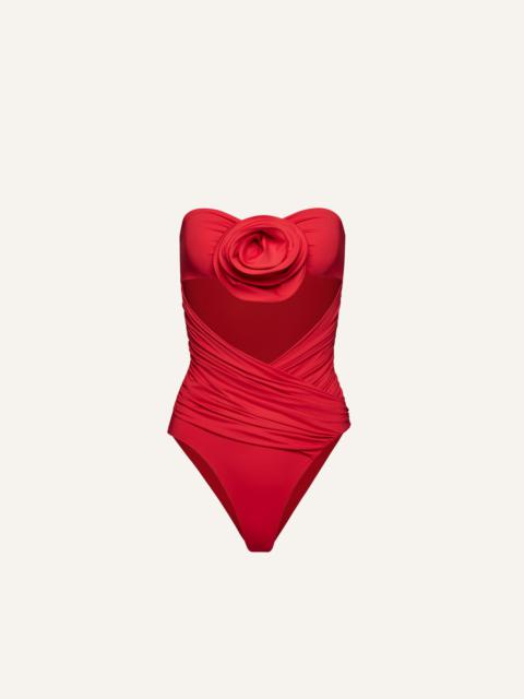 MAGDA BUTRYM Flower appliqué strapless cutout swimsuit in red