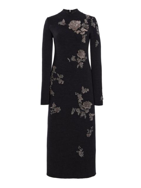 Oscar de la Renta Bead-Embroidered Knit Midi Dress dark green