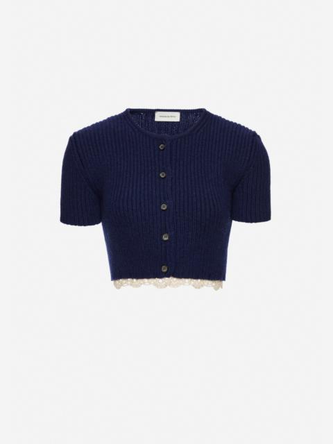 MAGDA BUTRYM Short-sleeve crochet-trim cropped cardigan in navy