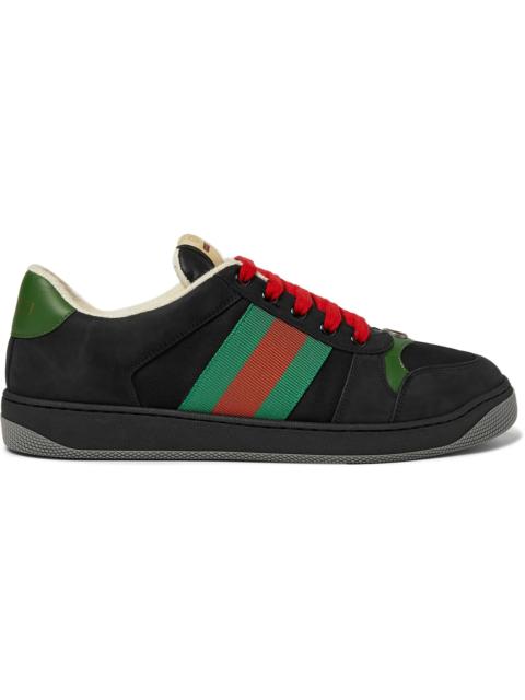 GUCCI Screener Webbing-Trimmed Leather, Suede and Canvas Sneakers