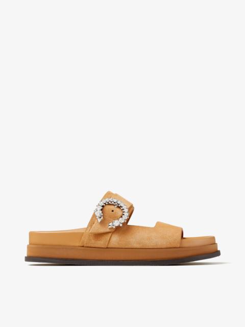 JIMMY CHOO Marga Flat
Caramel Suede Sandals with Crystal Buckle