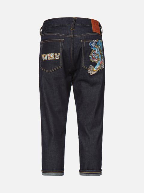 EVISU KOMAINU AND LOGO EMBROIDERY CROPPED FIT JEANS #2027