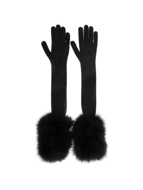 feather-detailed semi-sheer long gloves