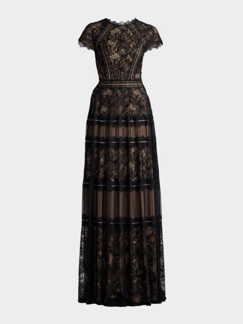TADASHI SHOJI Tiered Scallop-Trim Lace Gown