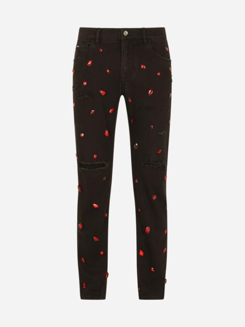 Dolce & Gabbana Black slim-fit stretch jeans with rhinestone detailing