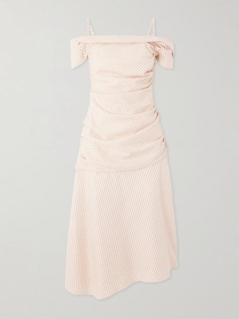 LIBEROWE Accordion asymmetric checked wool and cotton-blend dress Pastel orange