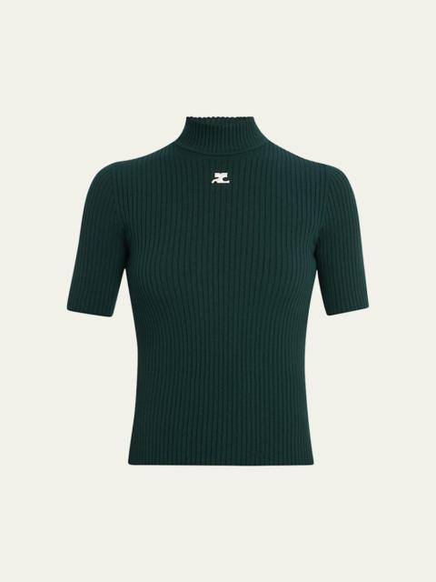 courrèges Mock-Neck Short-Sleeve Rib Pullover