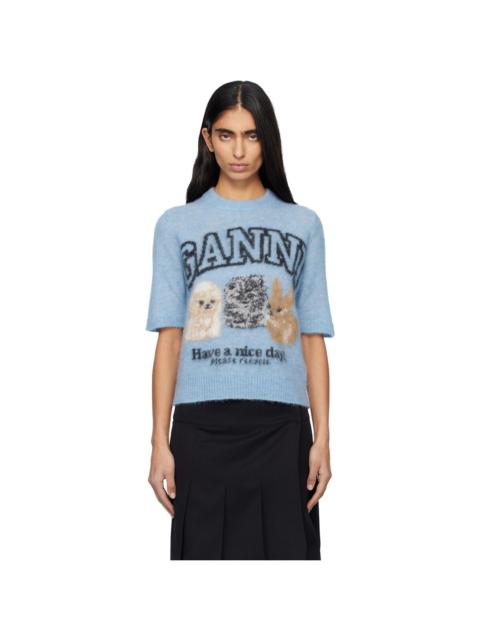 GANNI Blue Fine Brushed Alpaca Puppies T-shirt