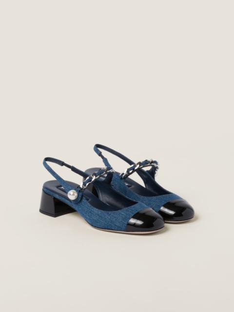 Denim and patent leather slingback pumps
