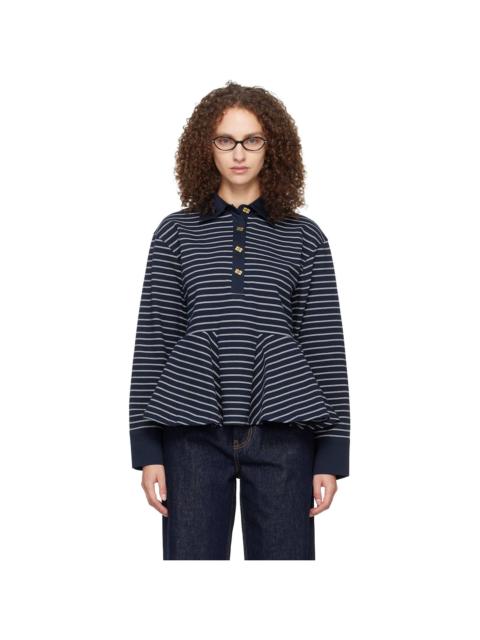 GANNI Navy Single Piqué Peplum Polo