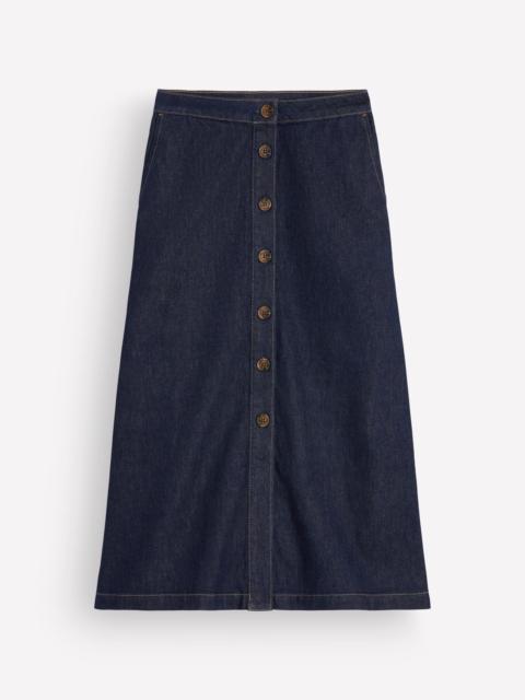 BODEN Val Button Denim Midi Skirt-Indigo