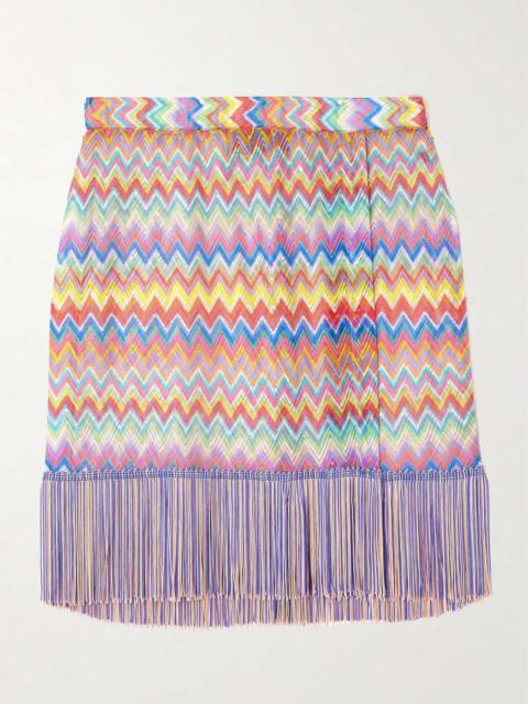 Fringed striped crochet-knit mini skirt