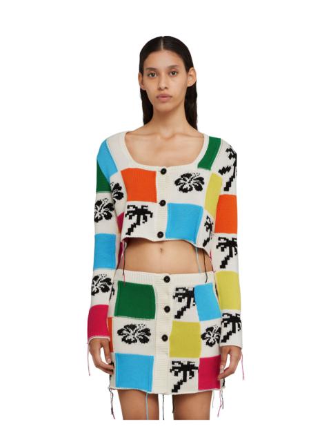 MSGM Patchwork knit crop cardigan with hibiscus and palm inlays