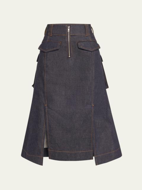 Flared Denim Midi Skirt with Pocket Details