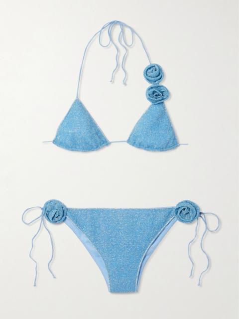 Oséree Lumière Rose appliquéd Lurex triangle bikini Light blue