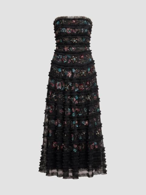MAC DUGGAL Women's Floral Ruffled Mesh Strapless Midi Dress - Black Multi